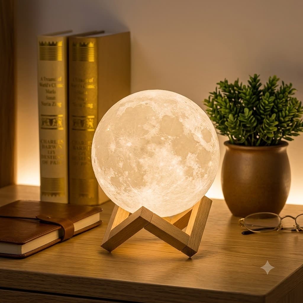 3D Moon Lamp with Wooden Stand | USB Rechargeable LED Night Light | Touch Control Moon Light for Bedroom, Living Room & Home Decor