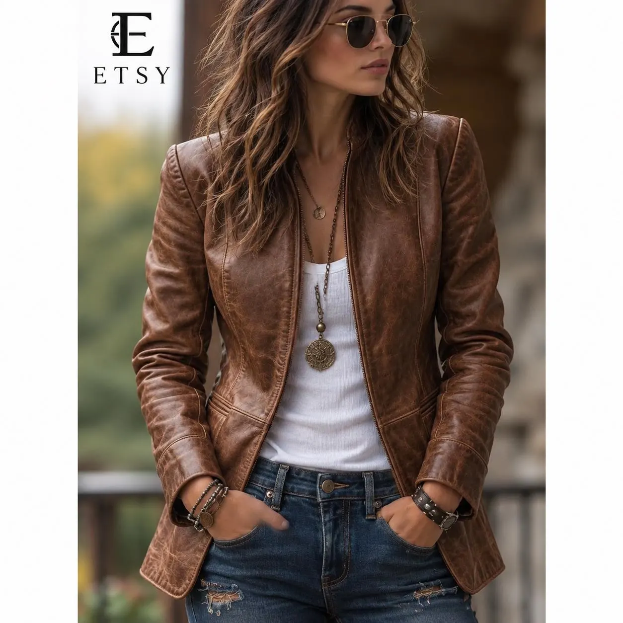 Women’s Brown Leather Blazer Jacket, Vintage Inspired Leather Jacket, Fitted Leather Coat, Casual Western Jacket, Gift for Her — view 1
