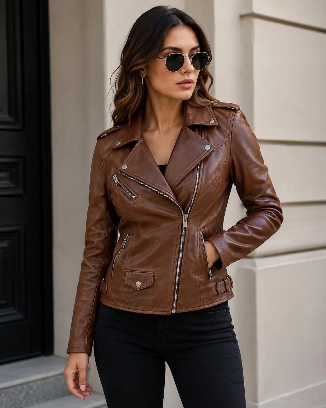 Women's Brown Leather Biker Jacket | Asymmetrical Moto Coat, Vintage Slim Fit — view 1