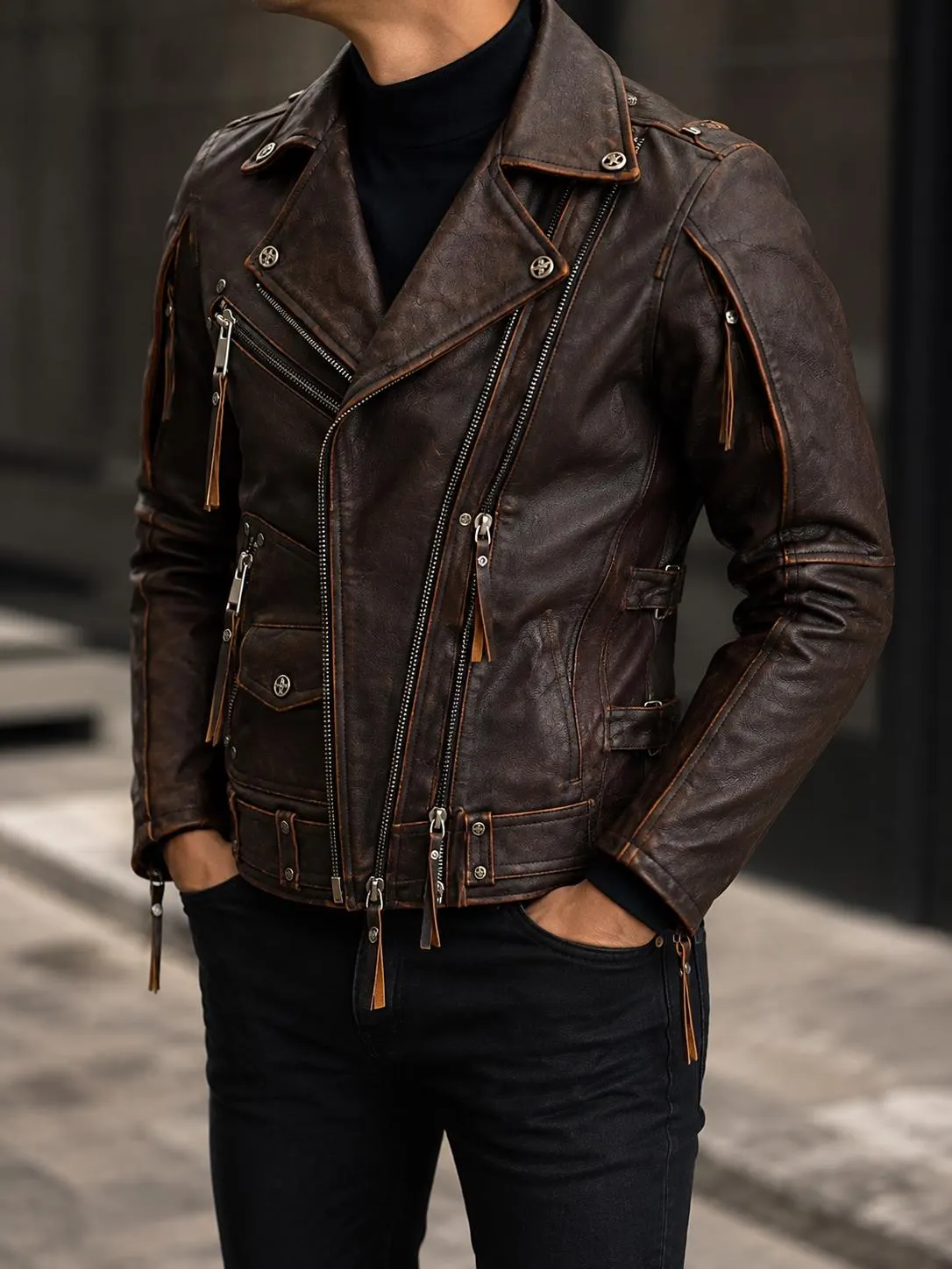 Men's Genuine Leather Biker Jacket | Handmade Vintage Motorcycle Moto Coat Brown — view 1