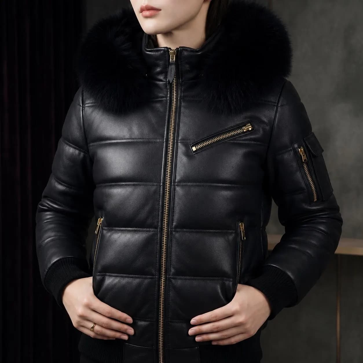 Men's Genuine Leather Puffer Jacket | Black Fur Hood Bomber Coat, Winter Warmth — view 1