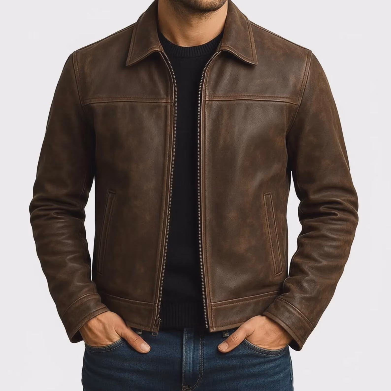 Men's Genuine Leather Jacket | Vintage Brown, Quilted Lining, Zip-Up Motorcycle Coat — view 1